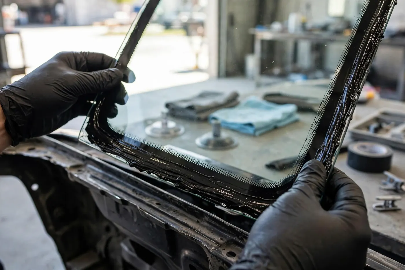 Hands setting a new windshield with a fresh urethane seal bead