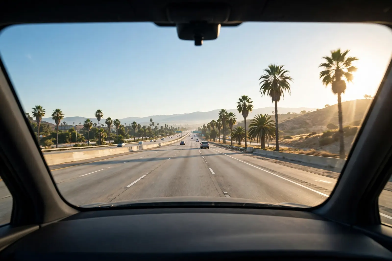 Bright freeway ahead seen through a spotless windshield